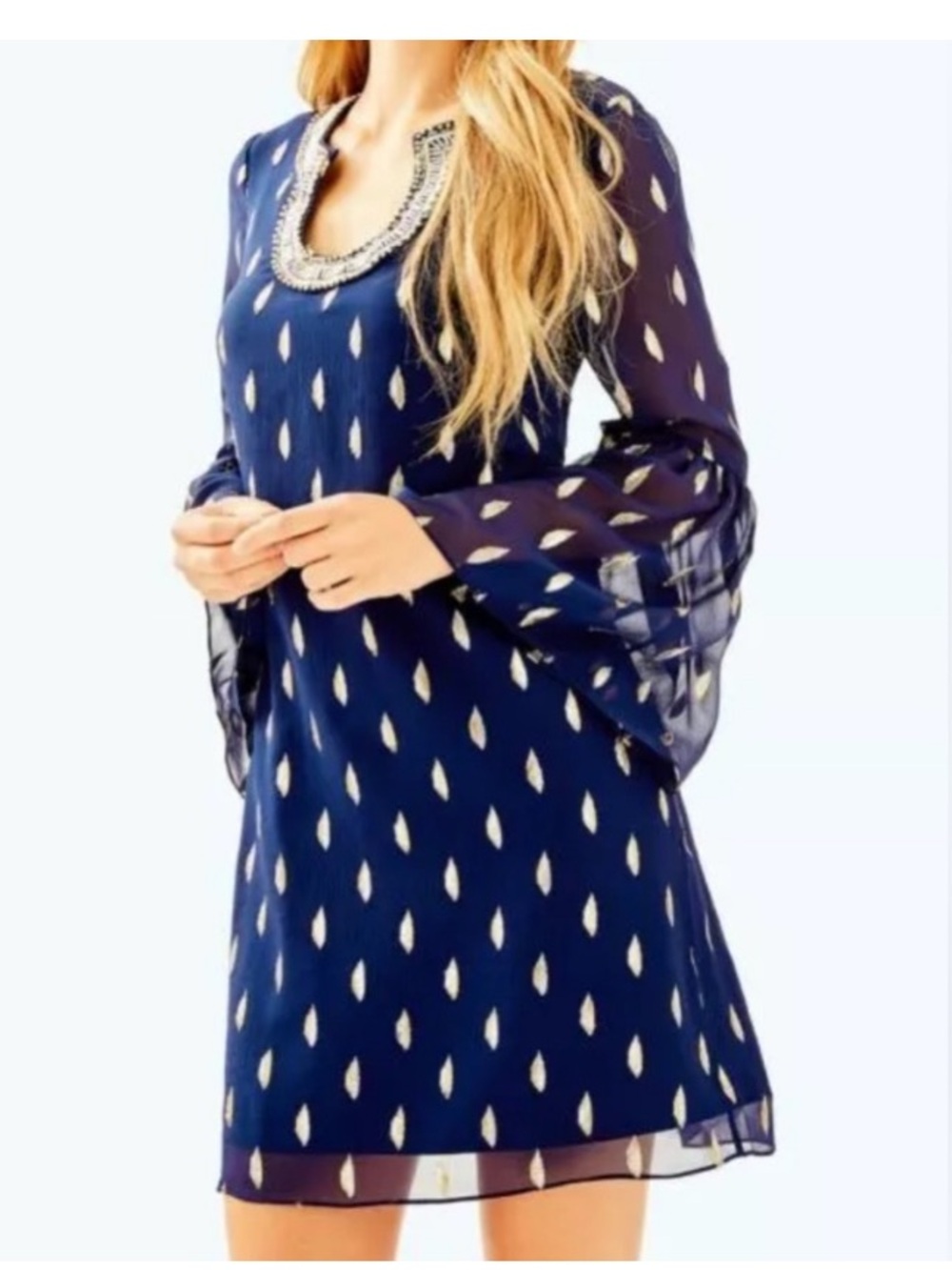 Lilly Pulitzer Amory Silk Navy Dress with Gold Neckline